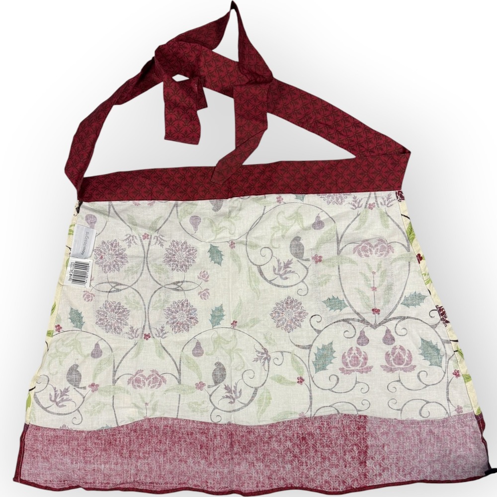 Now Designs Burgundy Christmas Partridge Bird Pear Cotton Half Apron Pockets - Picture 4 of 8